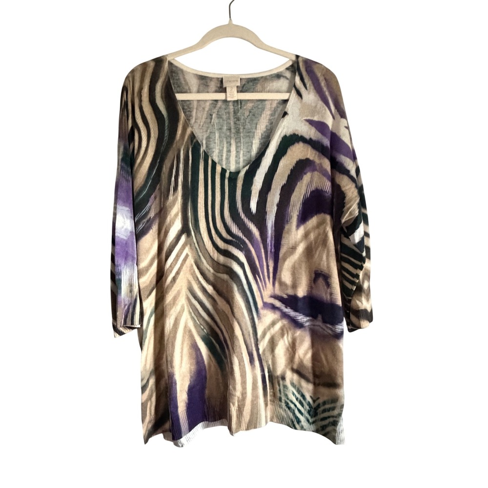 Chicos Womens Abstract Zebra Animal Print V-Neck Sweater Purple Tan Size 2 Large